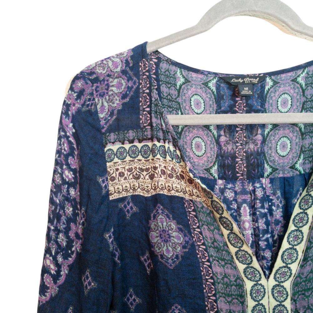 Lucky brand.  Blue and purple patterned long sleeved blouse with tie sleeves - Picture 2 of 4
